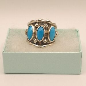 Running Bear Signed Sterling Silver Ring, Three Turquoise Stones, Sz 6 R.B. RB